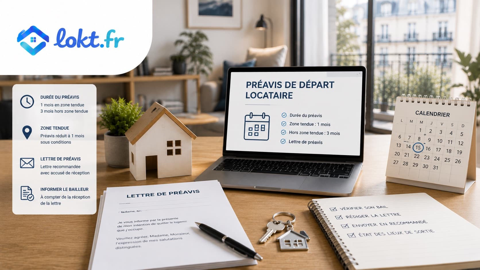 Préavis locataire 2026 : 1 ou 3 mois — calcul exact, cas particuliers et lettre type